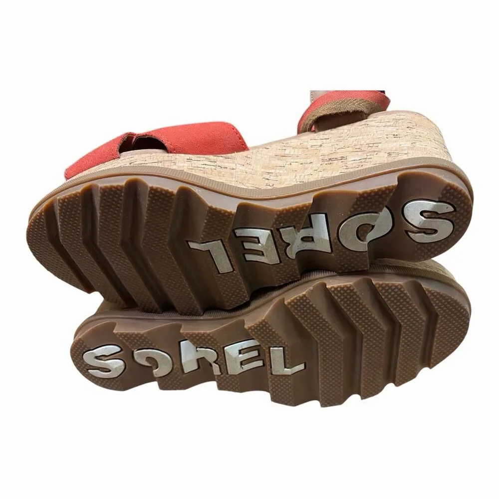 SOREL Joanie II High Ankle Lace Wedge Sandals 9.5 Orange Cork Sporty Gladiator